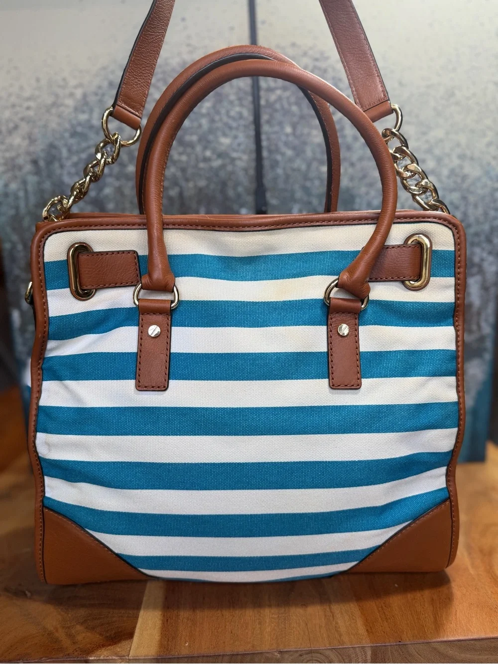 Michael Kors Nautical 2010s Hamilton Large  Canvas Tote Blue White Tote (Fair)